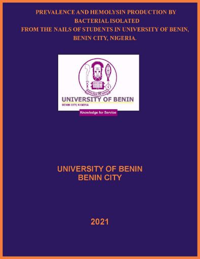 Picture of PREVALENCE AND HEMOLYSIN PRODUCTION BY BACTERIAL ISOLATED  FROM THE NAILS OF STUDENTS IN UNIVERSITY OF BENIN, BENIN CITY, NIGERIA.