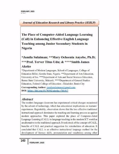 Picture of The Place of Computer-Aided Language Learning  (Call) in Enhancing Effective English Language  Teaching among Junior Secondary Students in  Nigeria