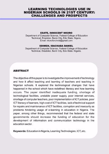 Picture of LEARNING TECHNOLOGIES USE IN  NIGERIAN SCHOOLS IN 21ST CENTURY:  CHALLENGES AND PROSPECTS